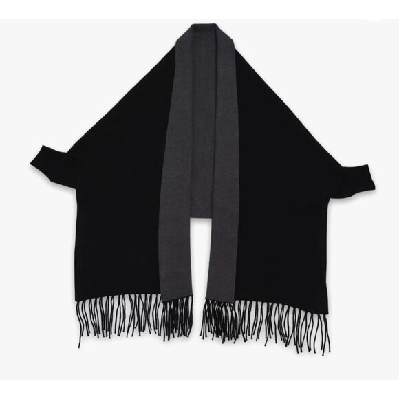 NWT Katie Kape Women's Black Gray Reversible Cape Shawl Fringe One Size 2623 - Picture 10 of 12